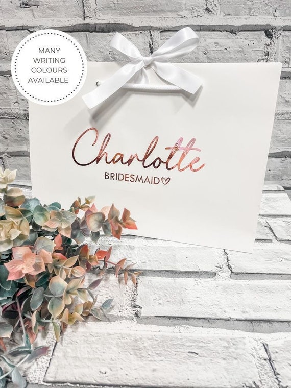 Bridesmaid Wedding Gift Bags With Ribbon, Personalised White