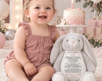1st Birthday Teddy Plushie, Personalized Poem Gift (30cm Tall)