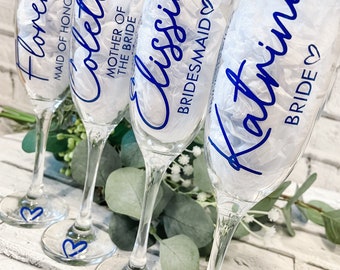 Bridal Party Wine Glasses, Champagne Flutes, Bridesmaid, Bride, Maid of Honour, Mother of the Bride, Glass & Plastic Option
