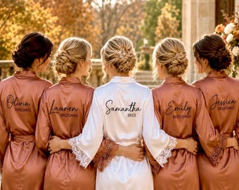 Burnt Orange Bridesmaid Robes, Personalised Autumn Wedding Robes with Lace