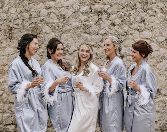 FEATHERED SLEEVE Bridesmaid Silk Robes | Personalised Wedding Dressing Gown