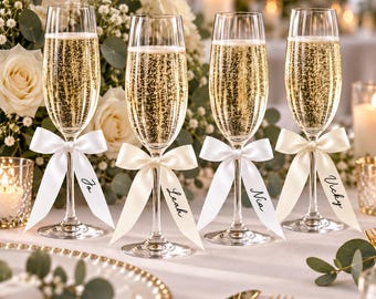 Personalised Wedding Place Name Ribbons, Champagne Glass Bows, Table Setting Decor