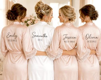 Champagne Bridal Party Robes, Personalised Wedding Morning Robes with Lace