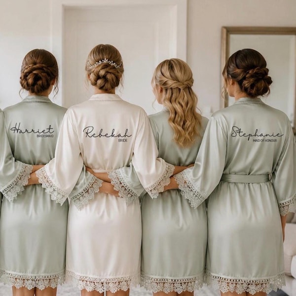 Personalised Bridesmaid Robes, Lace Trim, Boho Wedding Gowns, Sage, Blush, Champagne, Rust