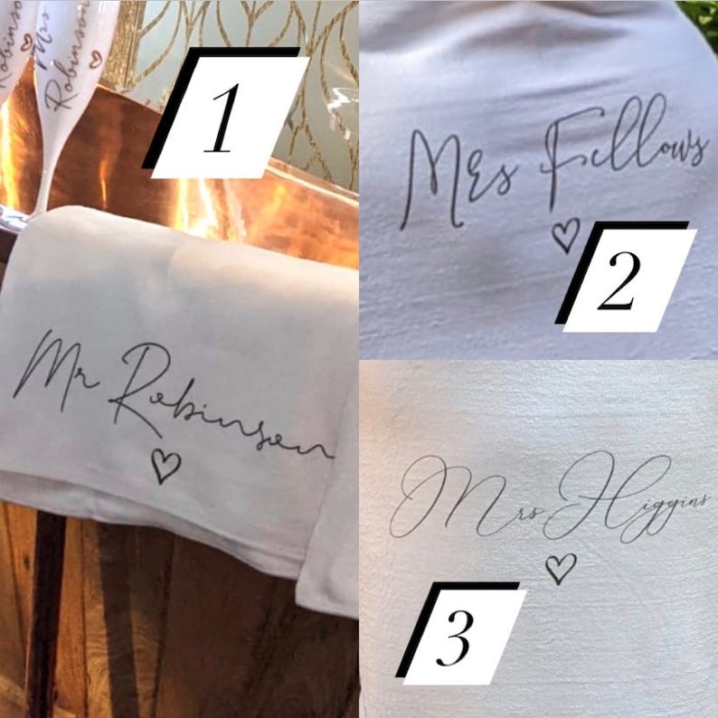 May include: Three white towels with black calligraphy writing. The first towel says "Mr Robinson" with a heart symbol. The second towel says "Mrs Fellows" with a heart symbol. The third towel says "Mrs Higgins" with a heart symbol.