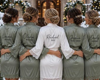 Winter Wedding Bridesmaid Robes, Personalised Eucalyptus Christmas Robes with Lace