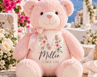 Personalised Flower Girl Teddy, Floral Initial, Wedding Gift