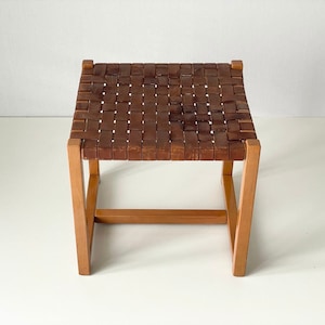 Italian made Brown Woven Leather top Wood Stool, Italy, 1970s