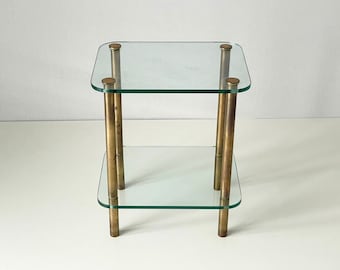 Mid-century Modern Italian 2-tier Greenish Thick Glass and Brass Side Table, Italy, 1960s