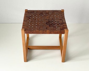Italian made Brown Woven Leather top Wood Stool, Italy, 1970s