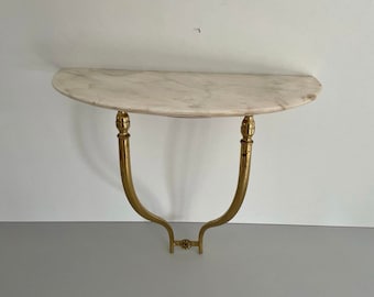 Mid-Century Italian Brass and Marble top Floating Wall Console Table, 1950s, Italy