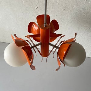 Wonderful Orange Flower Design Metal Body & 3 Ball Glasses Space Age Ceiling Lamp, 1970s, Italy