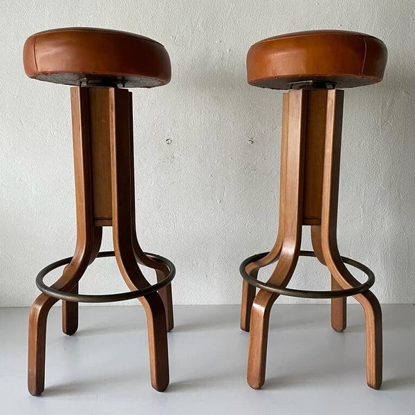 Italian Leather & Bended Wood Pair of Bar Stools, 1960s, Italy