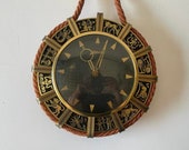 Wonderful Brass Zodiac Signs Design Wind Up Wall Clock wit Rope Hanger by Atlanta, 1960s, Germany