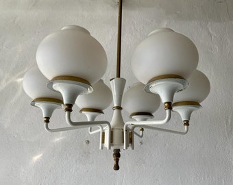 German Modern 6 Opal Glass and White Body Chandelier by Kaiser Leuchten, 1960s, Germany