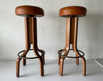 Italian Leather & Bended Wood Pair of Bar Stools, 1960s, Italy