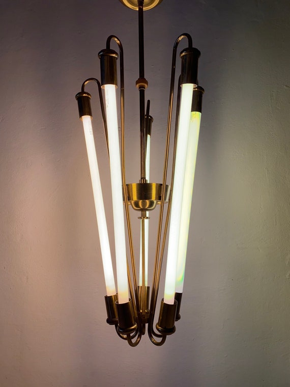 German Brass Art Deco Bauhaus Chandelier by Kaiser Co. With Five