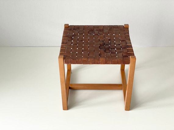 Italian Made Brown Woven Leather Top Wood Stool, Italy, 1970s - Etsy