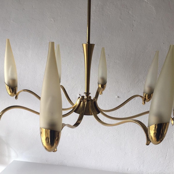 Mid Century Modern 8 armed Brass & long Smoke glass tubes Breathtaking XXL Chandelier - 1960s Italy