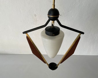 Elegant Italian Design Glass - Wood & Brass Atomic Design Ceiling Lamp, 1950s, Italy