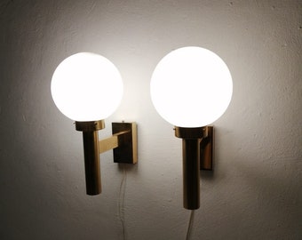 Opal Glass & Brass Large Minimalist Sputnik Pair of Sconces, 1970s