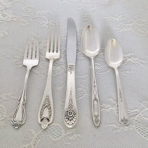 Mismatched Silverplate 5-Pc.Place Settings/Flatware/Vintage & Antique/ Wedding/Bridal Shower/Tea Party/Service for 1, 4, 8, 12, 20 image 2