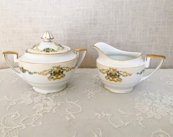 Vintage Noritake Mystery Pattern 180 Creamer and Sugar Bowl/Pink Rose Urn Pattern with Gold Gilt Trim