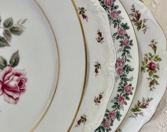 4 Mismatched Dinner Plates/Vintage/Pink Floral Patterns with Gold Gilt Trim