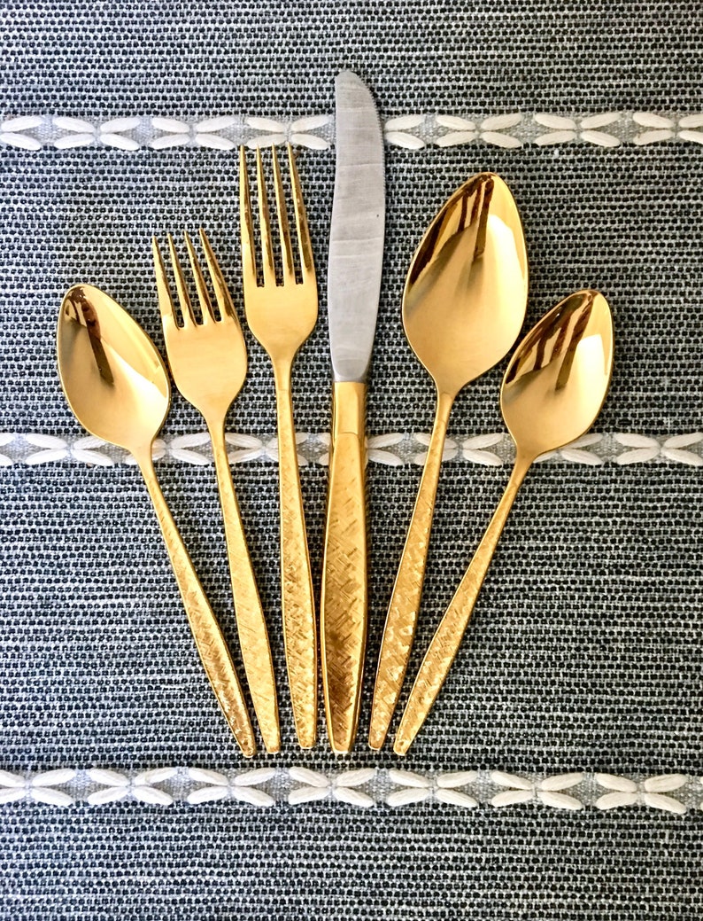 Mid-Century Modern Gold Plated Flatware Set Golden Carino by 1847 Rogers Bros 57 Pc Service for 8 Plus Serving Pieces