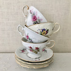 4 Mismatched Vintage Tea Cup and Saucer Sets with Pink Floral Patterns/Gold Gilt Trim