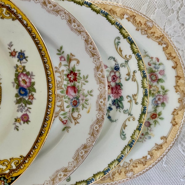 4 Mismatched Vintage Bread and Butter/Side Plates by Noritake, Meito, and Kongo China with Floral Patterns/Fine China