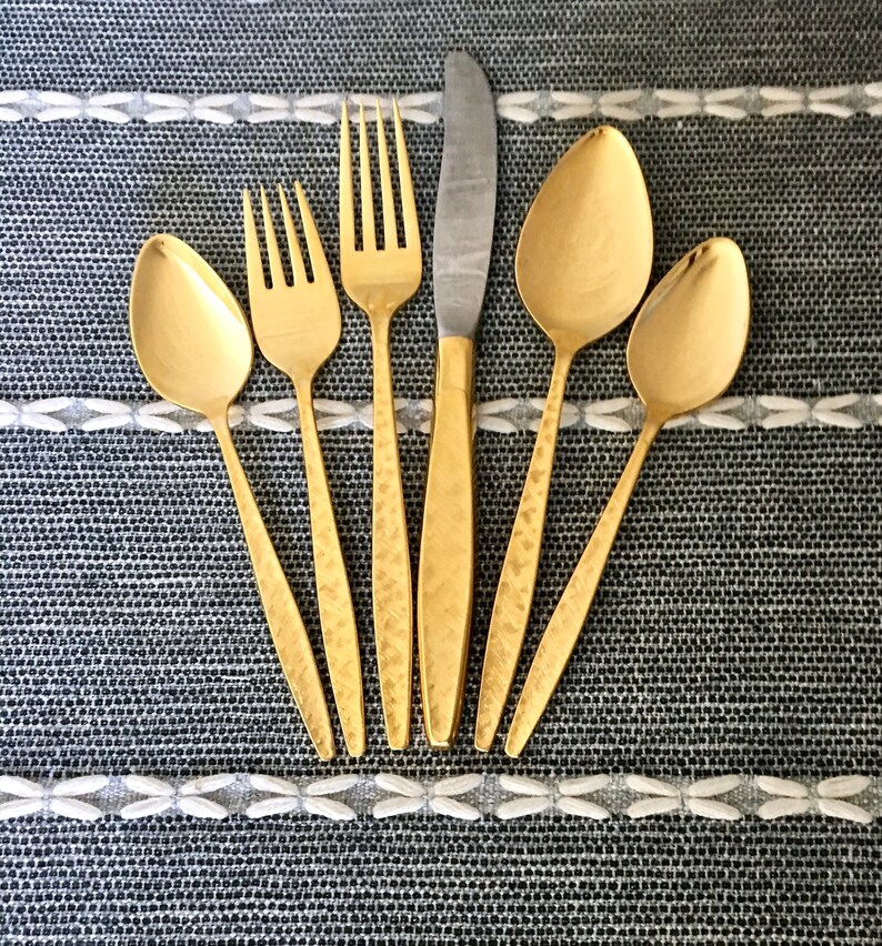 Mid-Century Modern Gold Plated Flatware Set Golden Carino by 1847 Rogers Bros 57 Pc Service for 8 Plus Serving Pieces
