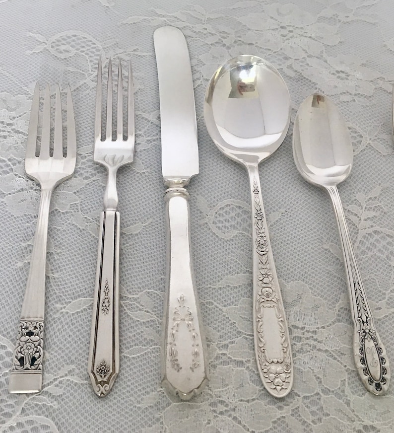 Mismatched Silverplate 5-Pc.Place Settings/Flatware/Vintage & Antique/ Wedding/Bridal Shower/Tea Party/Service for 1, 4, 8, 12, 20 image 4