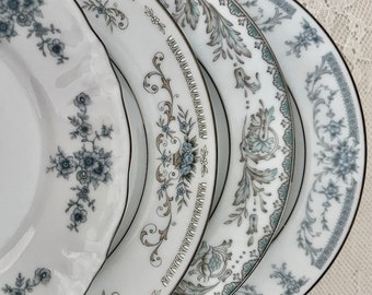 4 Mismatched Vintage Bread and Butter/Side/Cake Plates with Blue Floral Patterns & Platinum Trim