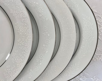 4 Mismatched Dinner Plates/Vintage/Fine China/Modern White on White Patterns with Platinum Trim