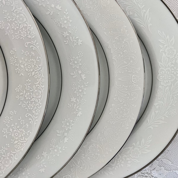 4 Mismatched Dinner Plates/Vintage/Fine China/Modern White on White Patterns with Platinum Trim