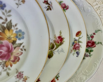 4 Mismatched Bread and Butter Plates/Dessert Plates/Vintage/Pink Floral Patterns with Gold Gilt Trim