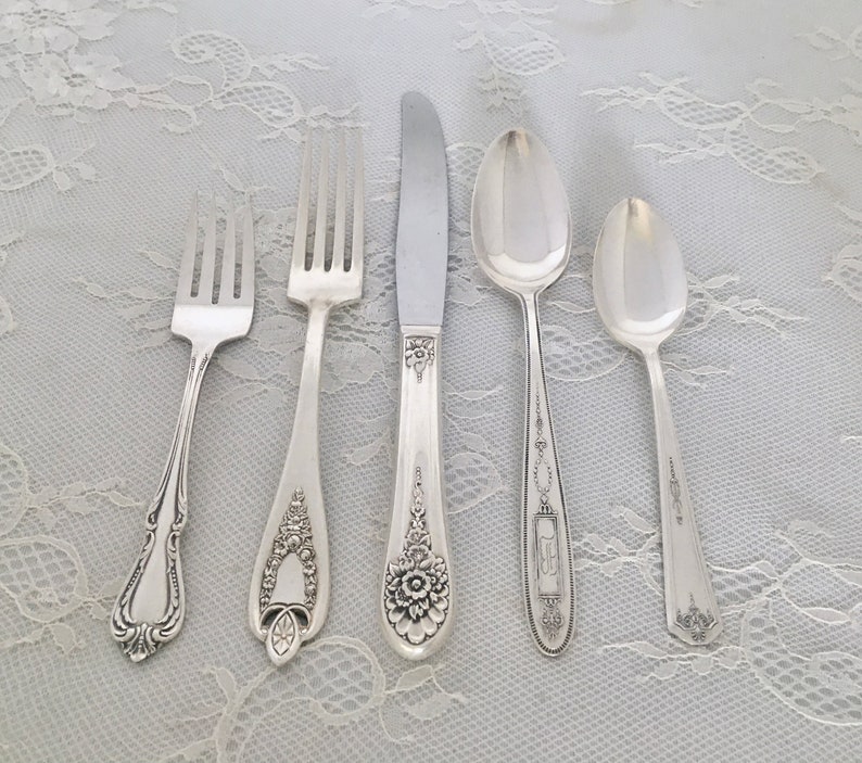 Mismatched Silverplate 5-Pc.Place Settings/Flatware/Vintage & Antique/ Wedding/Bridal Shower/Tea Party/Service for 1, 4, 8, 12, 20 image 2