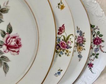 4 Mismatched Dinner Plates/Vintage/Pink Floral Patterns with Gold Gilt Trim