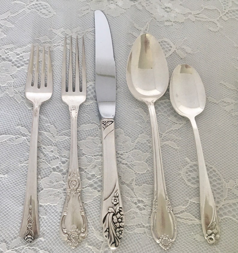 Mismatched Silverplate 5-Pc.Place Settings/Flatware/Vintage & Antique/ Wedding/Bridal Shower/Tea Party/Service for 1, 4, 8, 12, 20 image 3