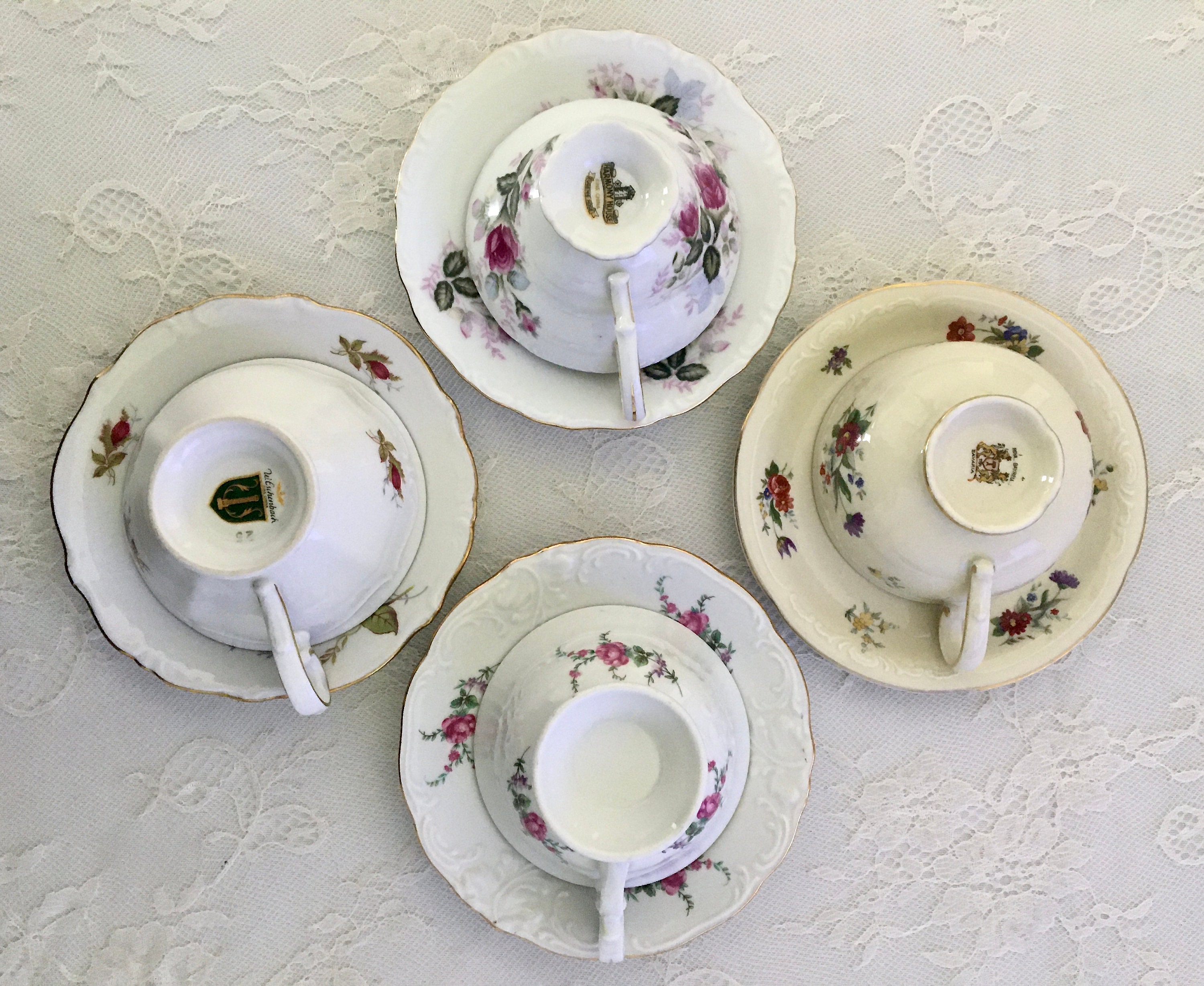 4 Mismatched Vintage Tea Cup and Saucer Sets With Pink Floral Etsy