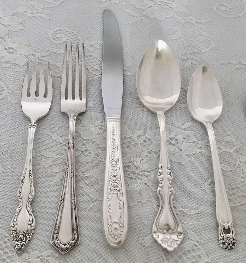 Mismatched Silverplate 5-Pc.Place Settings/Flatware/Vintage & Antique/ Wedding/Bridal Shower/Tea Party/Service for 1, 4, 8, 12, 20 image 5