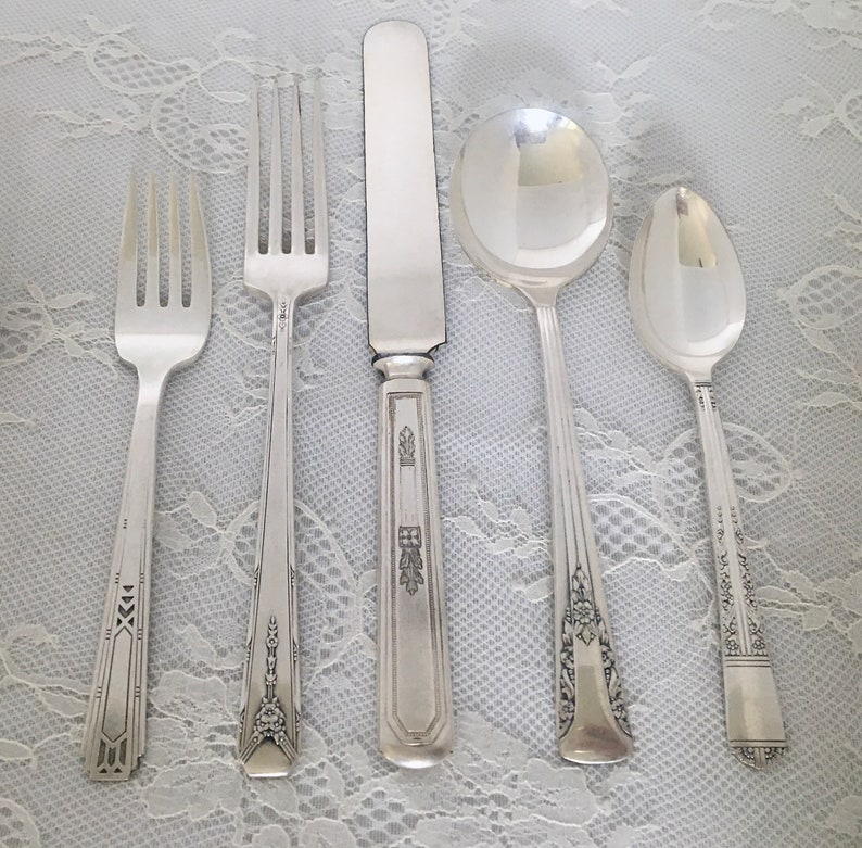 Mismatched Silverplate 5-Pc.Place Settings/Flatware/Vintage & Antique/ Wedding/Bridal Shower/Tea Party/Service for 1, 4, 8, 12, 20 image 7