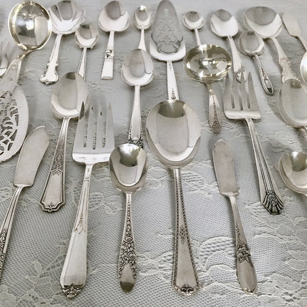 Mismatched Silverplate Serving Pieces/Flatware/Vintage & Antique/ Wedding/Bridal Shower/Tea Party/Tablespoon/Sugar Spoon/Butter Knife