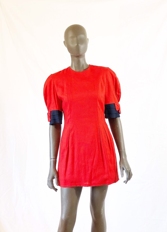 Red Suit Dress/ Mini Dress with Pockets/ Navy Bows