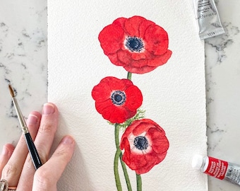 Red Anemones ORIGINAL Watercolor Painting, Original Watercolor, Floral Artwork, WATERCOLOR ART, Home Decor