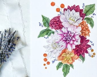 May include: A watercolor painting of a bouquet of dahlias in shades of white, pink, orange, and burgundy, with green leaves and berries. A gold paper clip, lavender sprigs, paint tubes, and a paintbrush are also visible.