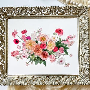 Ramo de acuarela floral melodioso, estampado floral, decoración del hogar hecha a mano, pintura de acuarela