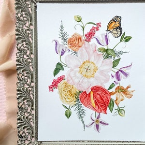 Blooms & a Butterfly, WATERCOLOR Painting, Handmade, Home Decor, Botanical Decor