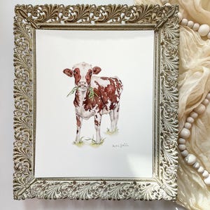 Spotted Calf WATERCOLOR Print, Watercolor Farm Animal, Cow Painting, Handmade Home Decor